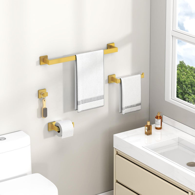 Angle Simple Bathroom Hardware Set 4-Piece, Angle Simple SUS304 Stainless Steel Bath Accessory Kit, Bathroom Fixture Set with Robe Hook, Toilet Paper Holder, Towel Holder and Towel Bar Brassy Gold - Image 2